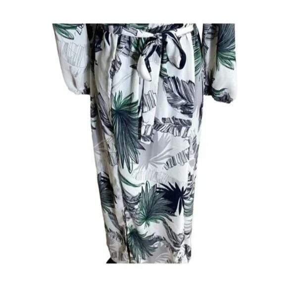 Boho Tropical Palm Print Off Shoulder Tie Maxi Dress 3/4 Sleeve S White Green - Picture 4 of 12